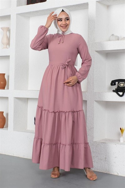 Yakası Bağcıklı Patlı Elbise GÜL KURUSU - Thumbnail