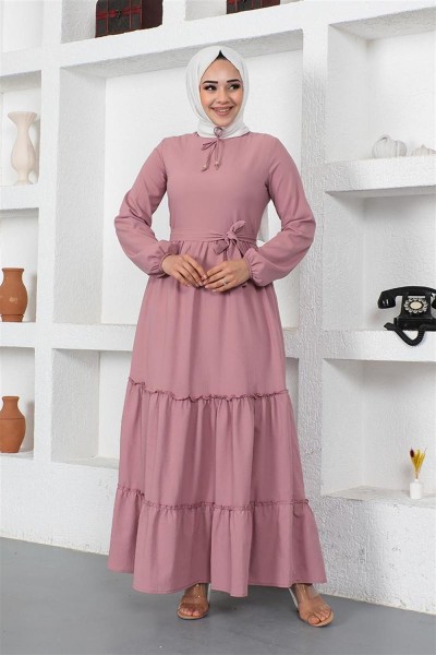 Yakası Bağcıklı Patlı Elbise GÜL KURUSU - Thumbnail