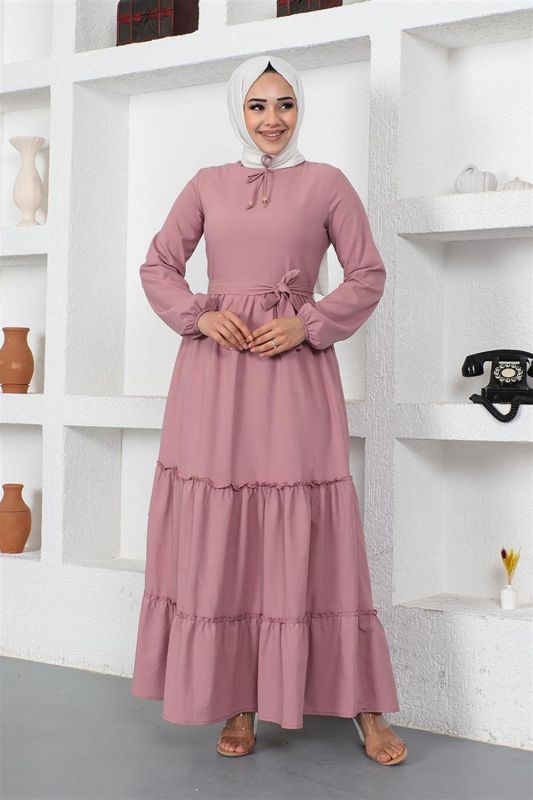 Yakası Bağcıklı Patlı Elbise GÜL KURUSU - 3
