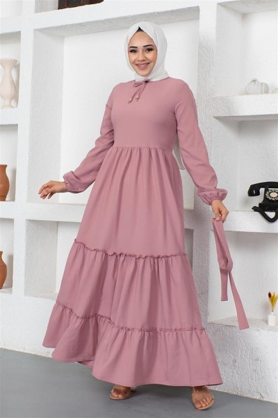 Yakası Bağcıklı Patlı Elbise GÜL KURUSU - Thumbnail