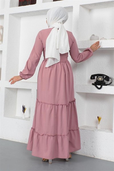 Yakası Bağcıklı Patlı Elbise GÜL KURUSU - Thumbnail