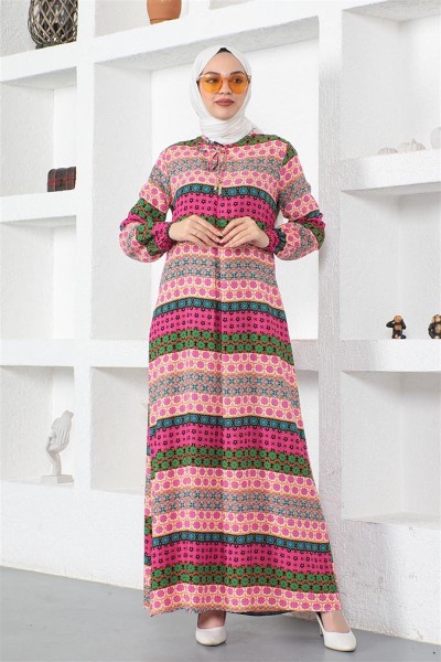 SGS - Yakası Bağcıklı Viskon Elbise FUŞYA