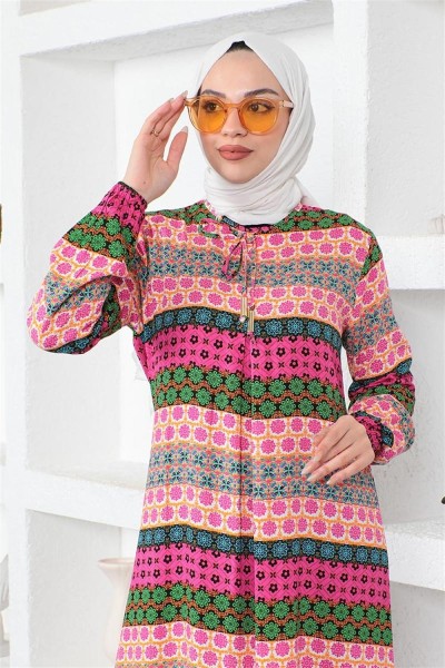 Yakası Bağcıklı Viskon Elbise FUŞYA - Thumbnail