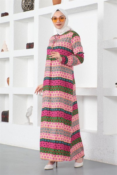 Yakası Bağcıklı Viskon Elbise FUŞYA - Thumbnail