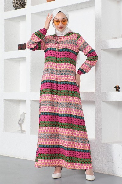 Yakası Bağcıklı Viskon Elbise FUŞYA - Thumbnail