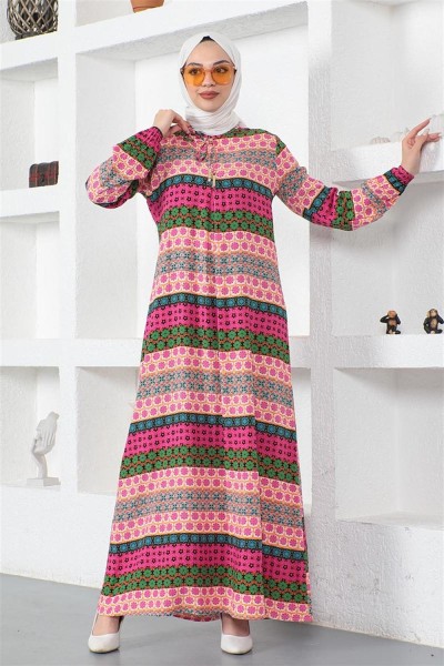 Yakası Bağcıklı Viskon Elbise FUŞYA - Thumbnail