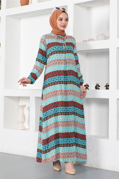 SGS - Yakası Bağcıklı Viskon Elbise MAVİ