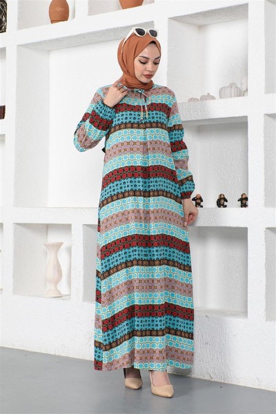 Yakası Bağcıklı Viskon Elbise MAVİ - Thumbnail