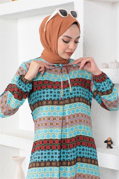 Yakası Bağcıklı Viskon Elbise MAVİ - Thumbnail