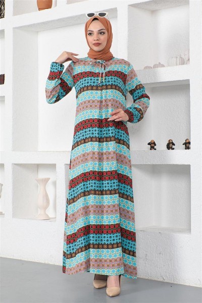 Yakası Bağcıklı Viskon Elbise MAVİ - Thumbnail