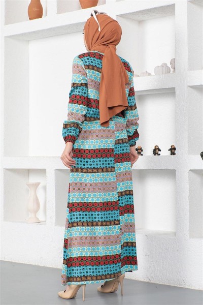 Yakası Bağcıklı Viskon Elbise MAVİ - Thumbnail