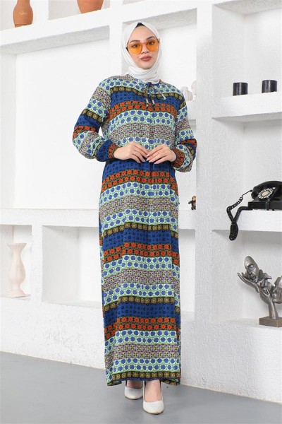 SGS - Yakası Bağcıklı Viskon Elbise SAKS MAVİSİ