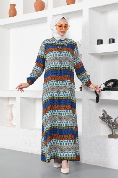 Yakası Bağcıklı Viskon Elbise SAKS MAVİSİ - Thumbnail