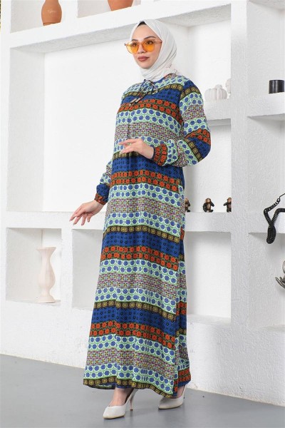 Yakası Bağcıklı Viskon Elbise SAKS MAVİSİ - Thumbnail