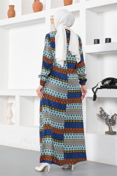 Yakası Bağcıklı Viskon Elbise SAKS MAVİSİ - Thumbnail