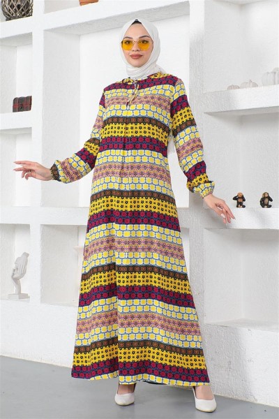 SGS - Yakası Bağcıklı Viskon Elbise SARI