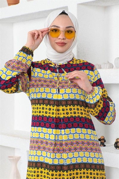 Yakası Bağcıklı Viskon Elbise SARI - Thumbnail