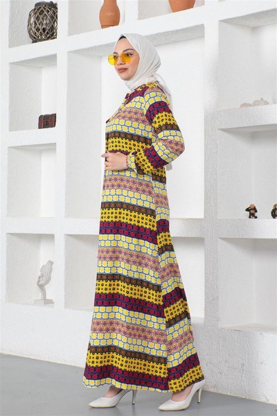 Yakası Bağcıklı Viskon Elbise SARI - Thumbnail