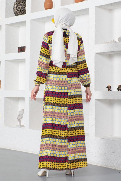 Yakası Bağcıklı Viskon Elbise SARI - Thumbnail