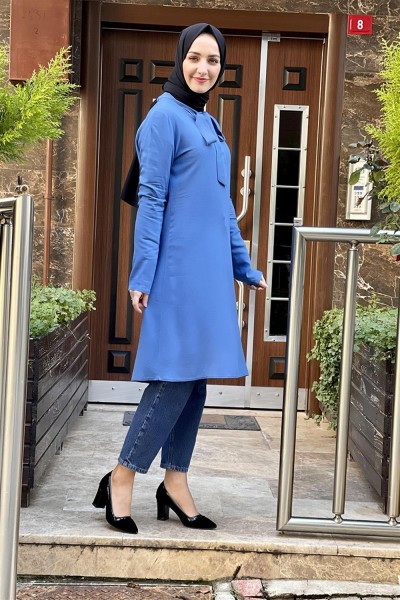 Yakası Bağlamalı Tesettür Tunik İNDİGO - Thumbnail