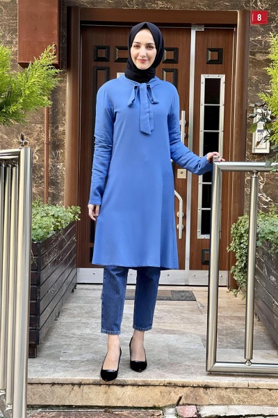 Yakası Bağlamalı Tesettür Tunik İNDİGO - Thumbnail