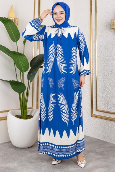 Yakası Bağlamalı Viskon Elbise İNDİGO - Thumbnail