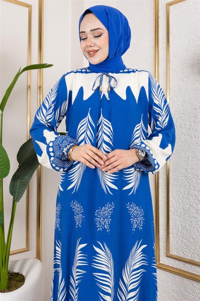 Yakası Bağlamalı Viskon Elbise İNDİGO - Thumbnail