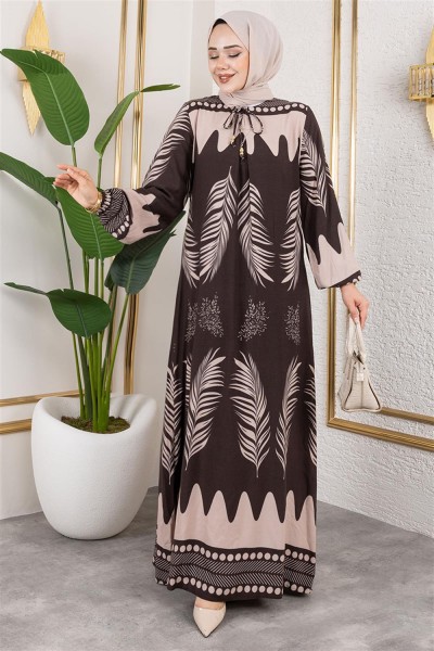 SGS - Yakası Bağlamalı Viskon Elbise KAHVERENGİ