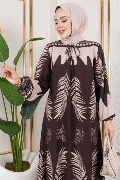 Yakası Bağlamalı Viskon Elbise KAHVERENGİ - Thumbnail