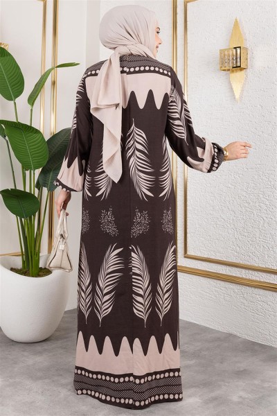 Yakası Bağlamalı Viskon Elbise KAHVERENGİ - Thumbnail