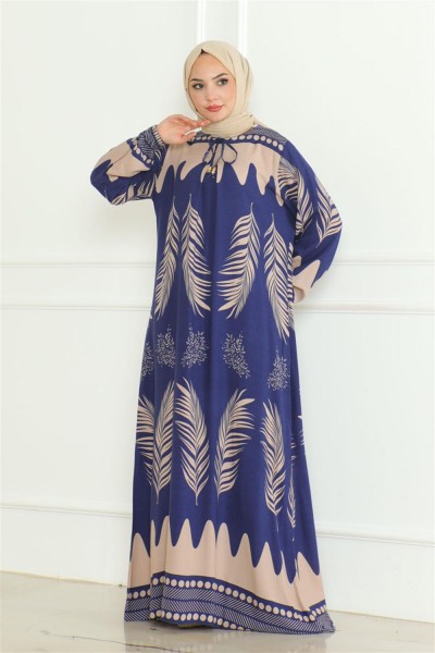 Yakası Bağlamalı Viskon Elbise SAKS MAVİSİ - Thumbnail