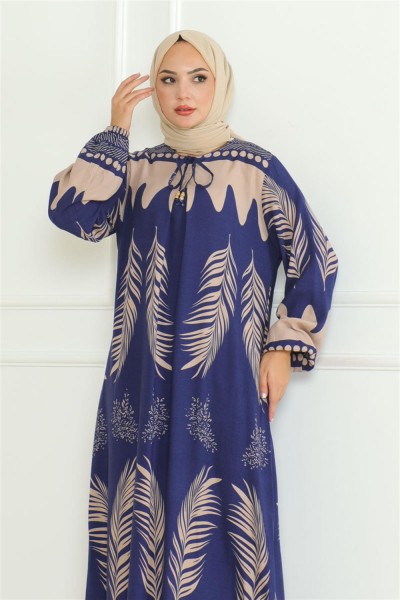 Yakası Bağlamalı Viskon Elbise SAKS MAVİSİ - Thumbnail