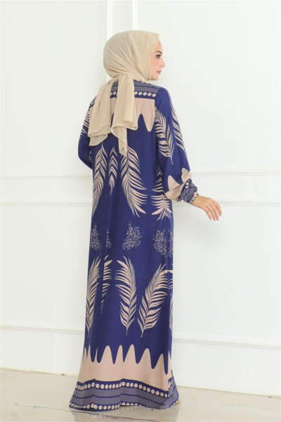 Yakası Bağlamalı Viskon Elbise SAKS MAVİSİ - Thumbnail