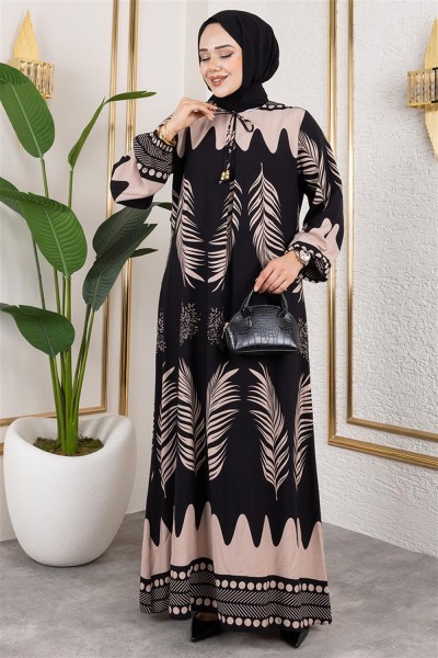 Yakası Bağlamalı Viskon Elbise SİYAH VİZON - Thumbnail