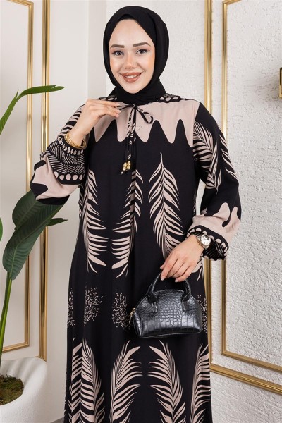 SGS - Yakası Bağlamalı Viskon Elbise SİYAH VİZON