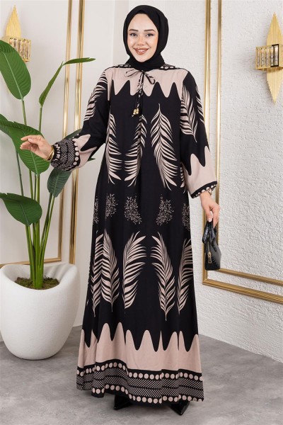 Yakası Bağlamalı Viskon Elbise SİYAH VİZON - Thumbnail