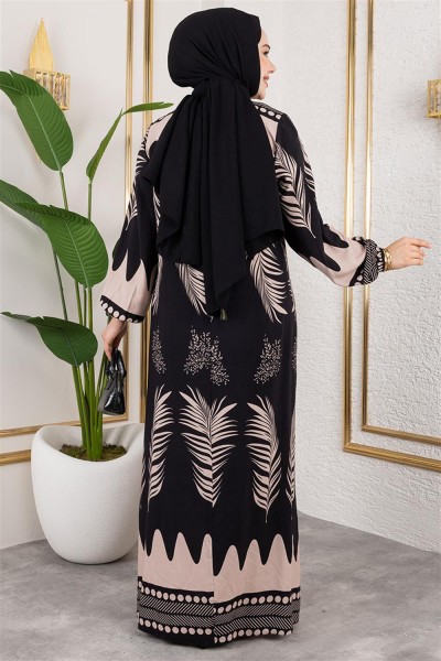 Yakası Bağlamalı Viskon Elbise SİYAH VİZON - Thumbnail