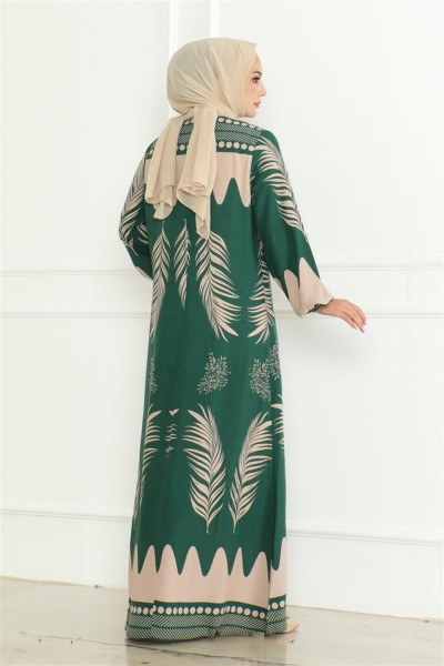 Yakası Bağlamalı Viskon Elbise ZÜMRÜT YEŞİLİ - Thumbnail