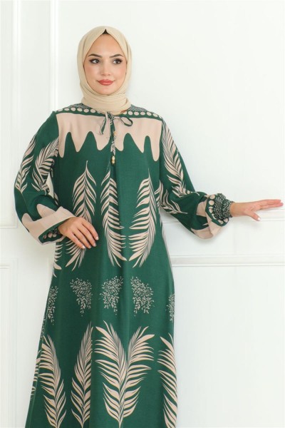 Yakası Bağlamalı Viskon Elbise ZÜMRÜT YEŞİLİ - Thumbnail