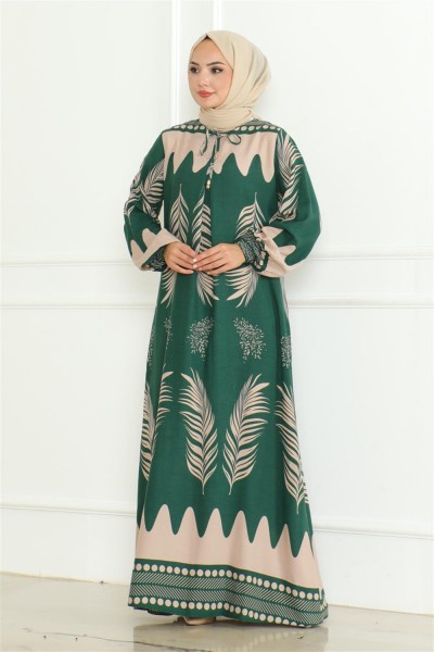 Yakası Bağlamalı Viskon Elbise ZÜMRÜT YEŞİLİ - Thumbnail