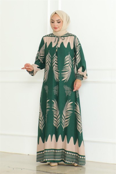 Yakası Bağlamalı Viskon Elbise ZÜMRÜT YEŞİLİ - Thumbnail