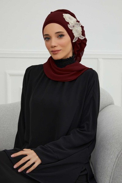 Moda Çizgi - Chiffon Ready-made Scarf with Side Frills and Flower Accessories,HT-102,HT-102 Claret Red-Gold