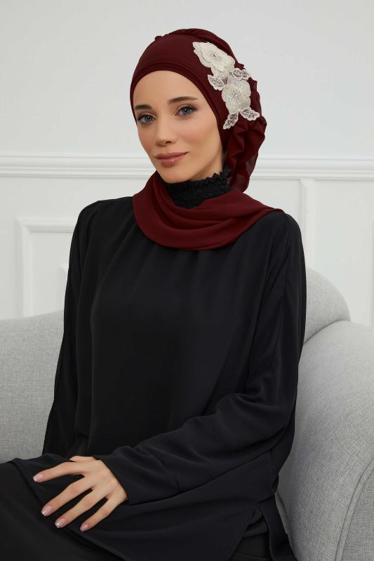 Yandan Fırfırlı Çiçek Aksesuarlı Şifon Hazır Türban,HT-102,HT-102 Bordo-Gold - 1