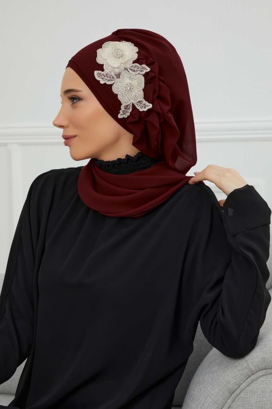 Yandan Fırfırlı Çiçek Aksesuarlı Şifon Hazır Türban,HT-102,HT-102 Bordo-Gold - 2
