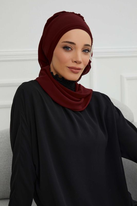 Yandan Fırfırlı Çiçek Aksesuarlı Şifon Hazır Türban,HT-102,HT-102 Bordo-Gold - 3