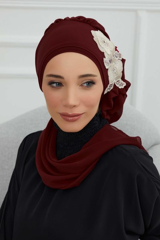 Yandan Fırfırlı Çiçek Aksesuarlı Şifon Hazır Türban,HT-102,HT-102 Bordo-Gold - 4