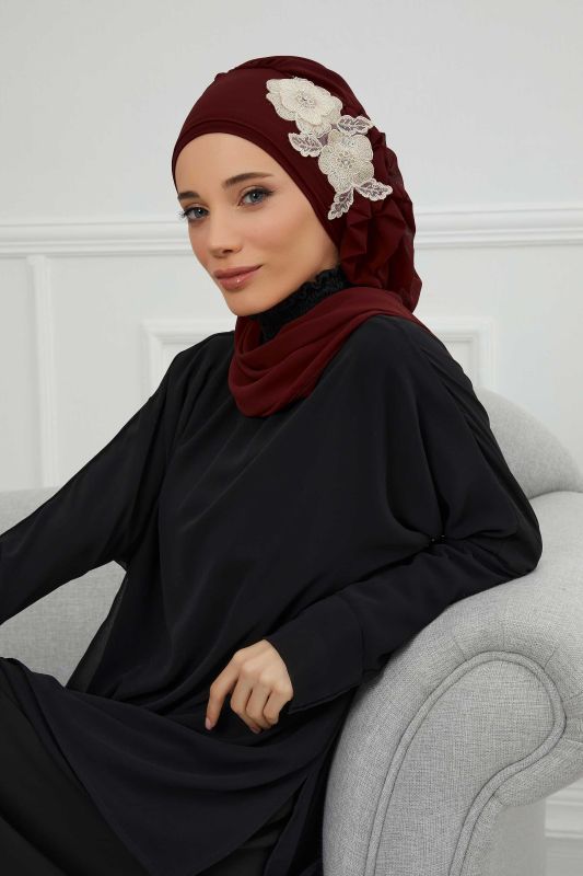 Yandan Fırfırlı Çiçek Aksesuarlı Şifon Hazır Türban,HT-102,HT-102 Bordo-Gold - 6