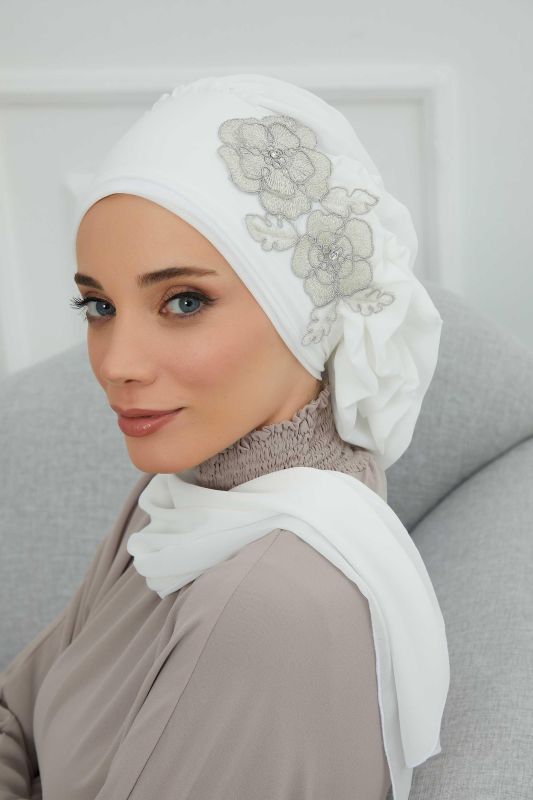 Yandan Fırfırlı Çiçek Aksesuarlı Şifon Hazır Türban,HT-102,HT-102 Kırık Beyaz-Gümüş - 5