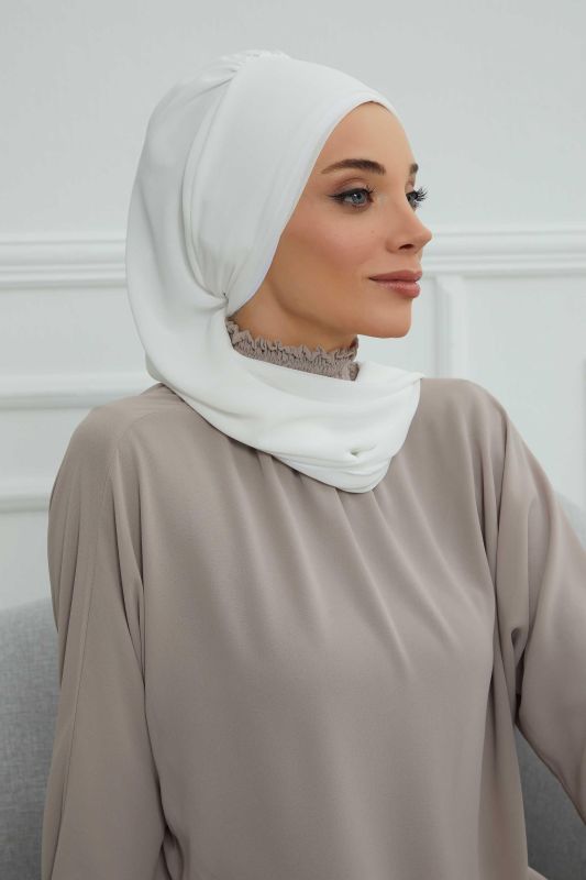 Yandan Fırfırlı Çiçek Aksesuarlı Şifon Hazır Türban,HT-102,HT-102 Kırık Beyaz-Gümüş - 6
