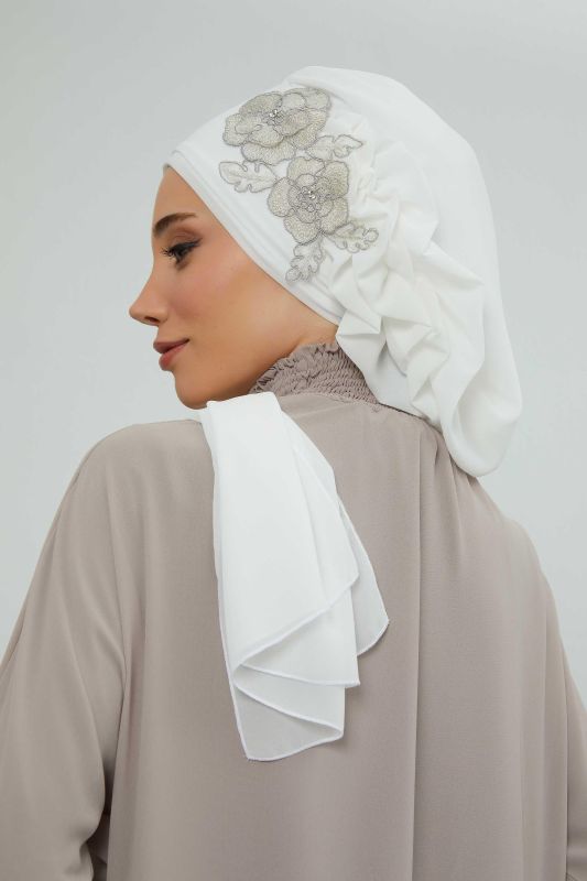 Yandan Fırfırlı Çiçek Aksesuarlı Şifon Hazır Türban,HT-102,HT-102 Kırık Beyaz-Gümüş - 8